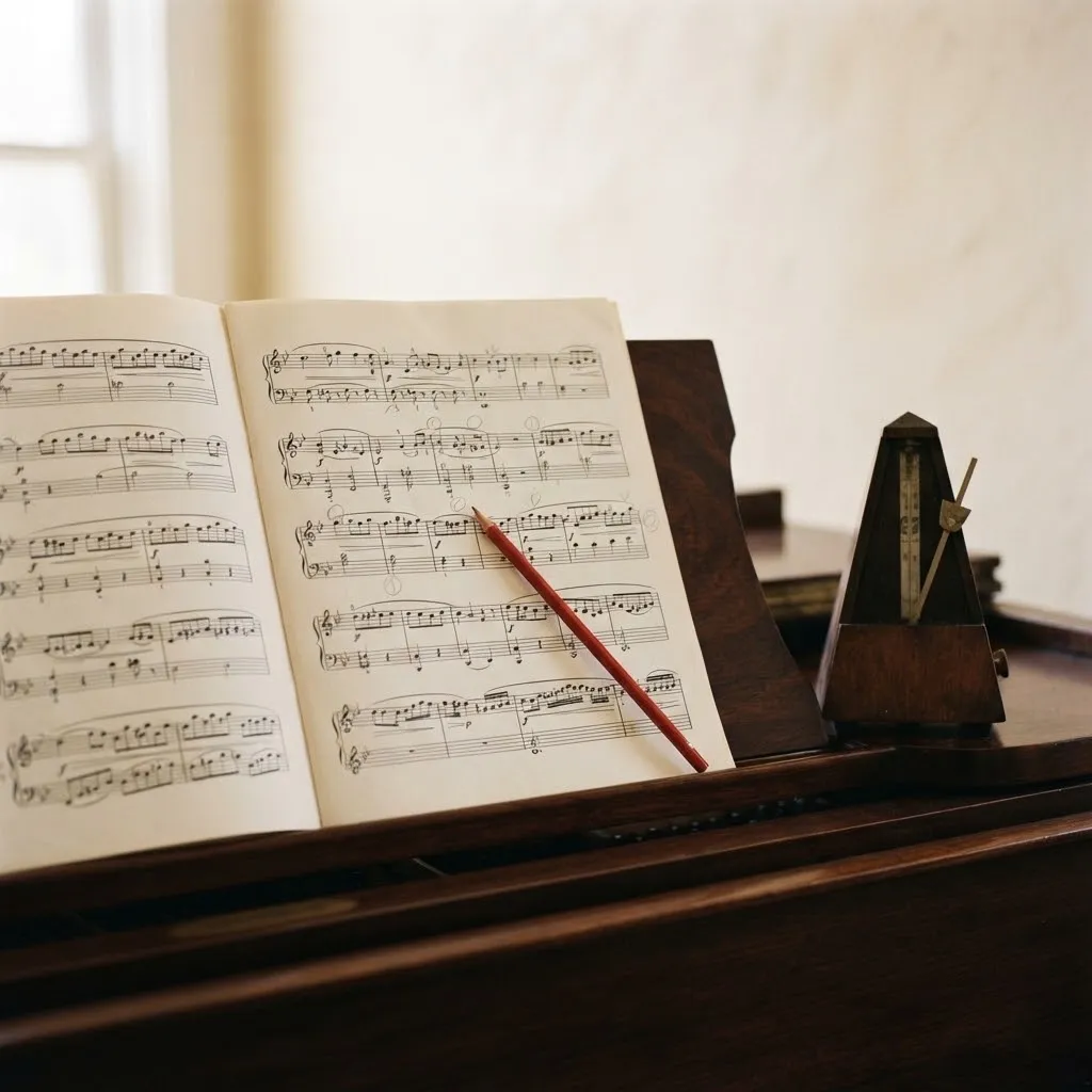 Uma partitura de piano impressa com dedilhações a lápis e um metrónomo na estante