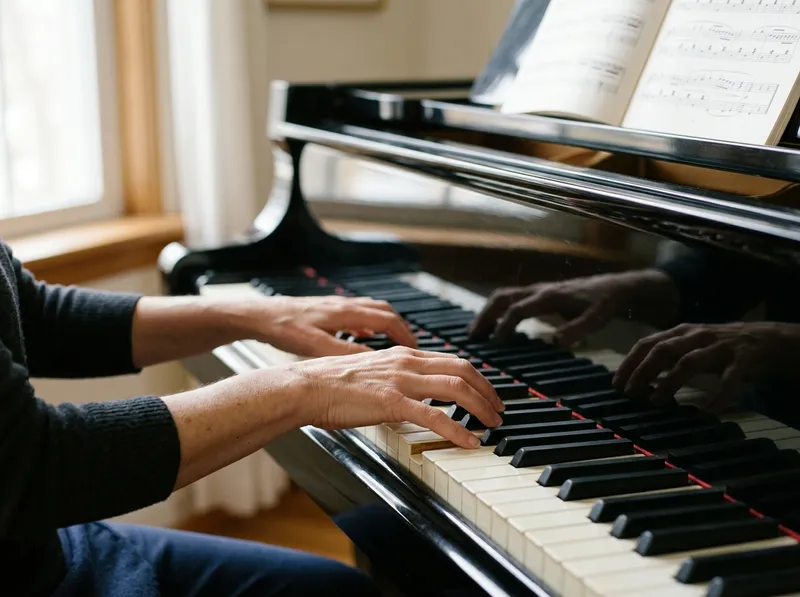 Mãos de adulto nas teclas de um piano de cauda, uma partitura impressa na estante