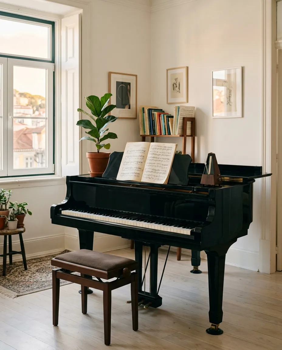 Um piano de cauda preto numa sala luminosa em Lisboa, luz do dia nas teclas, uma partitura com marcas a lápis na estante